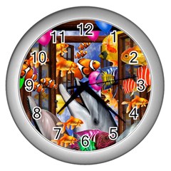 Outside The Window-swimming With Fishes Wall Clock (silver) by impacteesstreetwearcollage