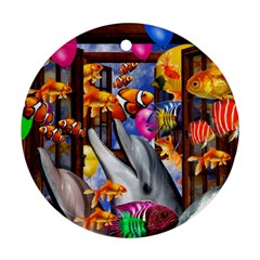 Outside The Window-swimming With Fishes Round Ornament (two Sides) by impacteesstreetwearcollage