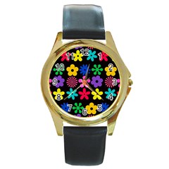 Colorful Flowers On A Black Background Pattern                                                            Round Gold Metal Watch by LalyLauraFLM