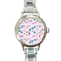Marine Fish Multicolored On A Pink Background Round Italian Charm Watch by SychEva