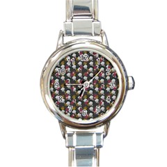 Vintage Floral And Goth Girl Grey Bg Round Italian Charm Watch by snowwhitegirl