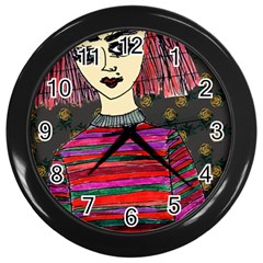 Floral Band Goth Girl Grey Bg Wall Clock (Black)