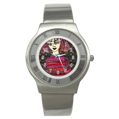 Floral Band Goth Girl Grey Bg Stainless Steel Watch