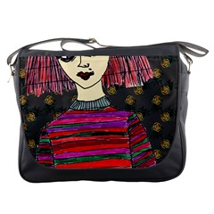 Floral Band Goth Girl Grey Bg Messenger Bag by snowwhitegirl