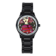Floral Band Goth Girl Grey Bg Stainless Steel Round Watch