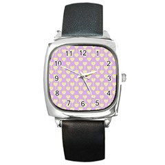 Yellow Hearts On A Light Purple Background Square Metal Watch by SychEva