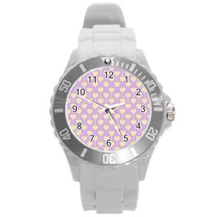 Yellow Hearts On A Light Purple Background Round Plastic Sport Watch (l) by SychEva