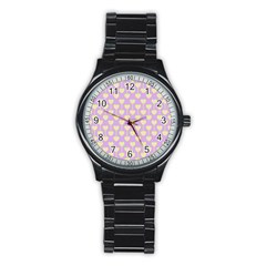 Yellow Hearts On A Light Purple Background Stainless Steel Round Watch by SychEva