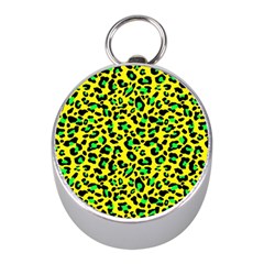 Yellow And Green, Neon Leopard Spots Pattern Mini Silver Compasses