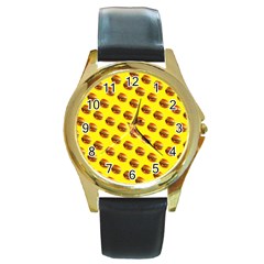 Vector Burgers, fast food sandwitch pattern at yellow Round Gold Metal Watch