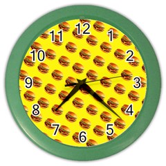 Vector Burgers, Fast Food Sandwitch Pattern At Yellow Color Wall Clock by Casemiro