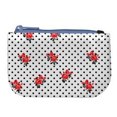 Red Vector Roses And Black Polka Dots Pattern Large Coin Purse by Casemiro