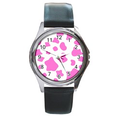 Pink Cow Spots, Large Version, Animal Fur Print In Pastel Colors Round Metal Watch by Casemiro