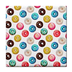 Delicious Multicolored Donuts On White Background Tile Coaster by SychEva