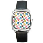 Delicious Multicolored Donuts On White Background Square Metal Watch Front