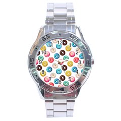 Delicious Multicolored Donuts On White Background Stainless Steel Analogue Watch by SychEva