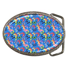 Multicolored Butterflies Fly On A Blue Background Belt Buckles by SychEva