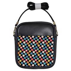 Multicolored Donuts On A Black Background Girls Sling Bag by SychEva