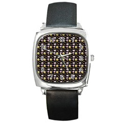 Shiny Pumpkins On Black Background Square Metal Watch by SychEva