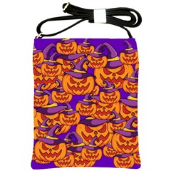 Purple And Orange Pumpkins, Crazy Halloween Pattern, Jack O  Lantern Shoulder Sling Bag by Casemiro