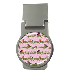 Bullfinches Sit On Branches On A Pink Background Money Clips (round)  by SychEva
