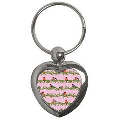 Bullfinches Sit On Branches On A Pink Background Key Chain (heart) by SychEva