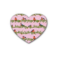 Bullfinches Sit On Branches On A Pink Background Rubber Heart Coaster (4 Pack) by SychEva