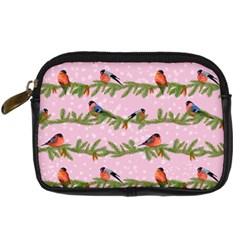 Bullfinches Sit On Branches On A Pink Background Digital Camera Leather Case by SychEva