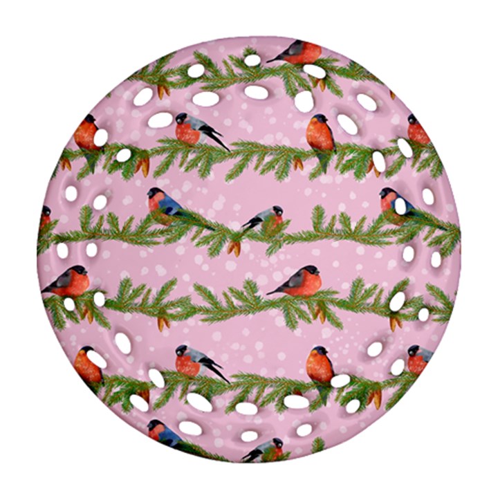 Bullfinches Sit On Branches On A Pink Background Round Filigree Ornament (Two Sides)