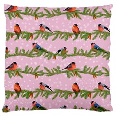 Bullfinches Sit On Branches On A Pink Background Large Cushion Case (two Sides) by SychEva