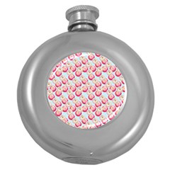 Pink And White Donuts On Blue Round Hip Flask (5 Oz) by SychEva