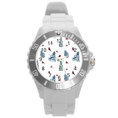 Christmas Trees And Bullfinches Round Plastic Sport Watch (l) by SychEva