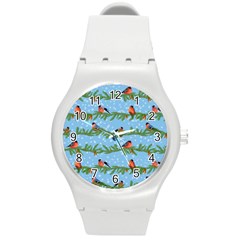 Bullfinches On Spruce Branches Round Plastic Sport Watch (m) by SychEva