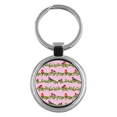 Bullfinches Sit On Branches On A Pink Background Key Chain (round) by SychEva