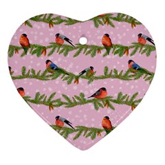 Bullfinches Sit On Branches On A Pink Background Heart Ornament (two Sides) by SychEva