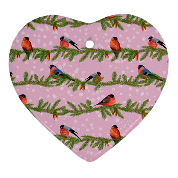 Bullfinches Sit On Branches On A Pink Background Heart Ornament (Two Sides)