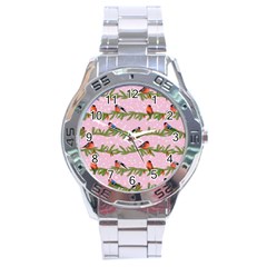 Bullfinches Sit On Branches On A Pink Background Stainless Steel Analogue Watch by SychEva