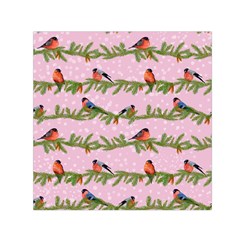 Bullfinches Sit On Branches On A Pink Background Small Satin Scarf (square) by SychEva