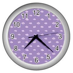 Pink Clouds On Purple Background Wall Clock (silver) by SychEva