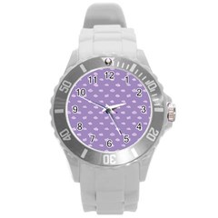 Pink Clouds On Purple Background Round Plastic Sport Watch (l) by SychEva