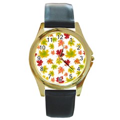 Bright Autumn Leaves Round Gold Metal Watch by SychEva