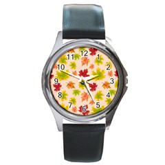 Bright Autumn Leaves Round Metal Watch by SychEva