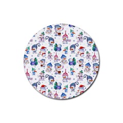 Cute Snowmen Celebrate New Year Rubber Round Coaster (4 Pack) by SychEva