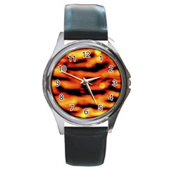 Red  Waves Abstract Series No5 Round Metal Watch by DimitriosArt