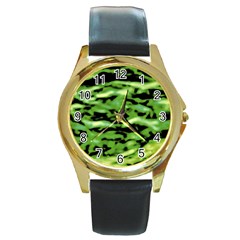 Green  Waves Abstract Series No11 Round Gold Metal Watch by DimitriosArt