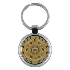 Wood Art With Beautiful Flowers And Leaves Mandala Key Chain (round) by pepitasart