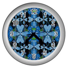 Rare Excotic Blue Flowers In The Forest Of Calm And Peace Wall Clock (silver) by pepitasart