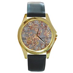 Sidewalk Leaves Round Gold Metal Watch