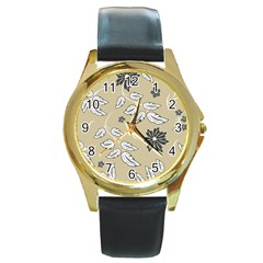 Folk Flowers Print Floral Pattern Ethnic Art Round Gold Metal Watch by Eskimos