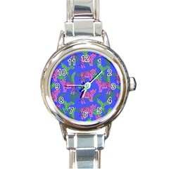 Pink Tigers On A Blue Background Round Italian Charm Watch by SychEva